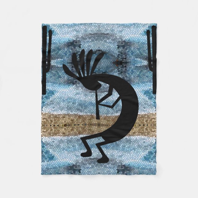 Kokopelli Southwest Desert Mosaic Blue Small Fleece Blanket (Front)