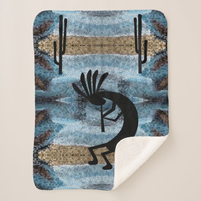 Kokopelli Southwest Desert Mosaic Blue Small Sherpa Blanket (Front)