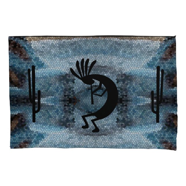 Kokopelli Southwest Desert Mosaic Blue Standard Pillowcase (Front)