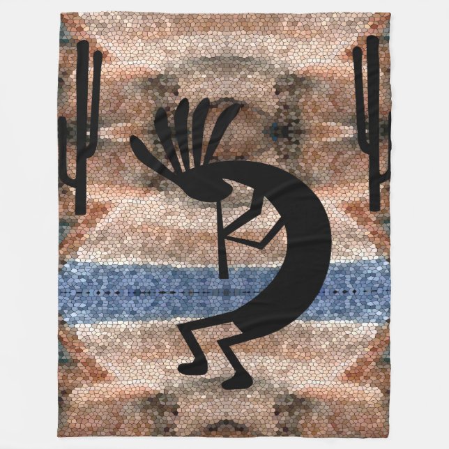 Kokopelli Southwest Desert Mosaic Large Fleece Blanket (Front)