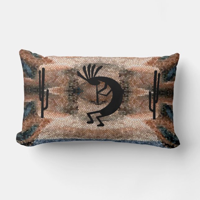 Kokopelli Southwest Desert Mosaic Lumbar Pillow (Front)