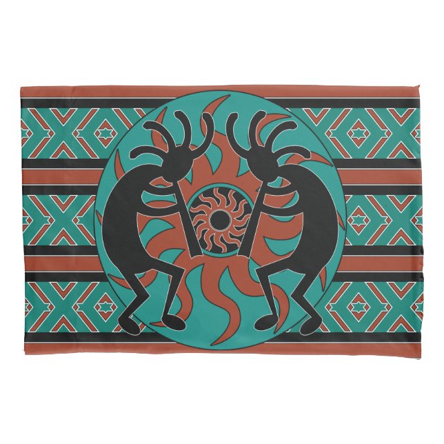Kokopelli Southwest Design Turquoise Pillowcase (Front)