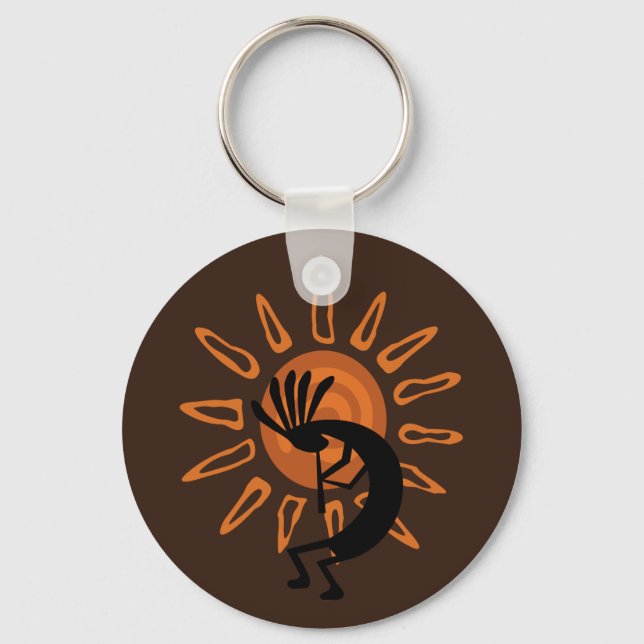 Kokopelli Sun Southwest Rustic Brown Keychain (Front)