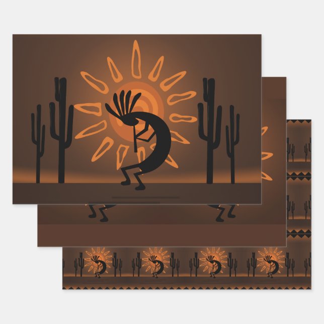 Kokopelli Sun Southwest Rustic Brown  Wrapping Paper Sheet (Set)