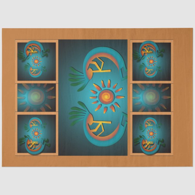 Kokopelli Sun Southwest Turquoise Decoupage Tissue Paper (Front)