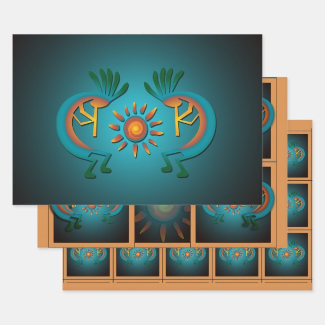 Kokopelli Sun Southwest Turquoise  Wrapping Paper Sheet (Set)