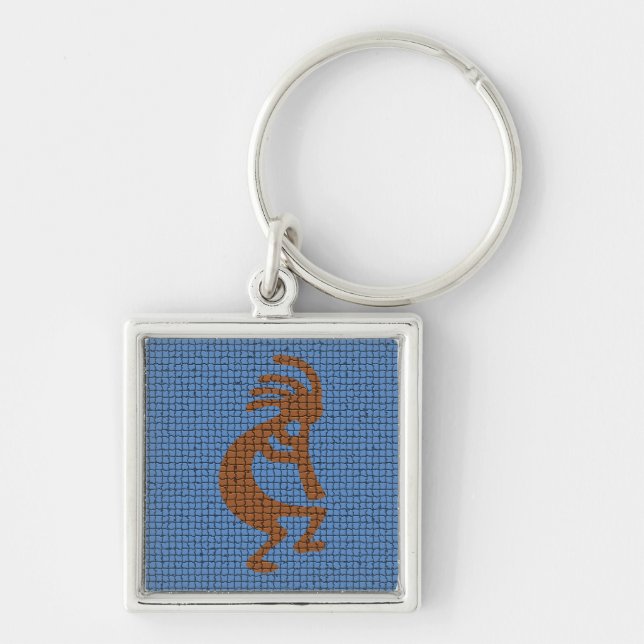 Kokopelli with Flute Blue Mosaic Southwest Keychain (Front)