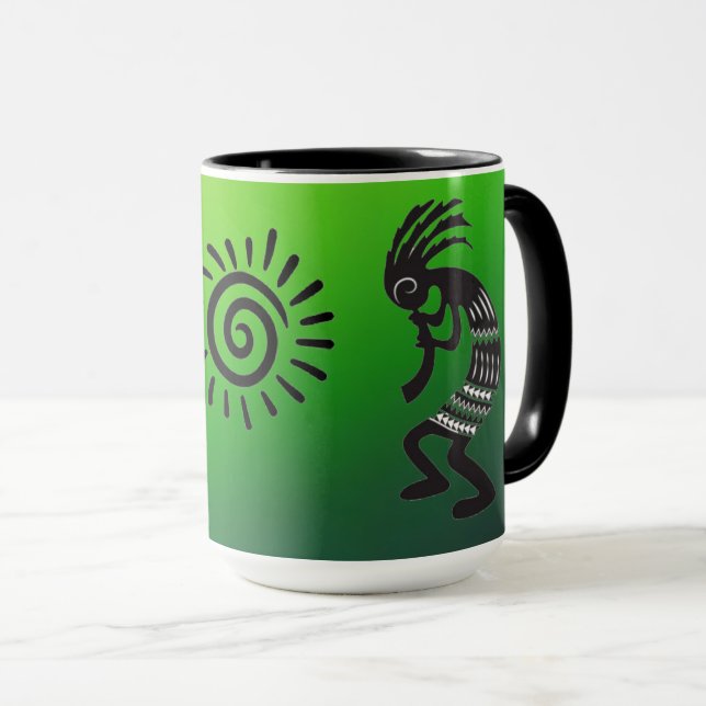 Kokopelli With Native American Sun Symbol Mug (Front Right)