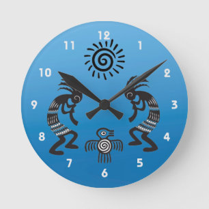 Kokopelli With Native Sun and Native Bird Symbol Round Clock