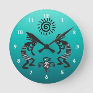 Kokopelli With Native Sun and Native Bird Symbol Round Clock