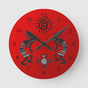 Kokopelli With Native Sun and Native Bird Symbol Round Clock