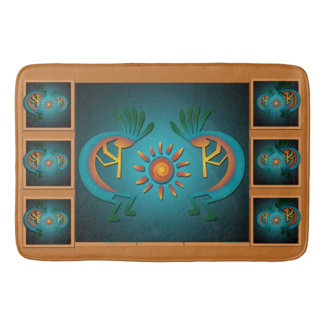 Kokopelli with Sun Teal Design 3 Bath Mat (Front)