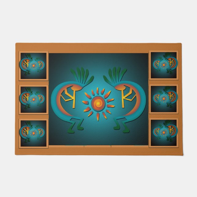 Kokopelli with Sun Teal Design 3 Doormat (Front)