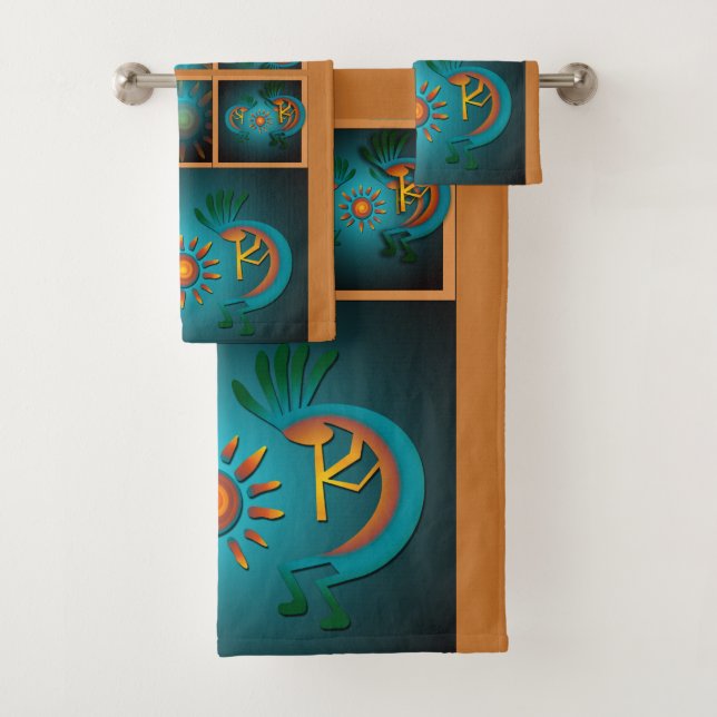 Kokopellii with Sun Teal Design Bath Towel Set (Insitu)