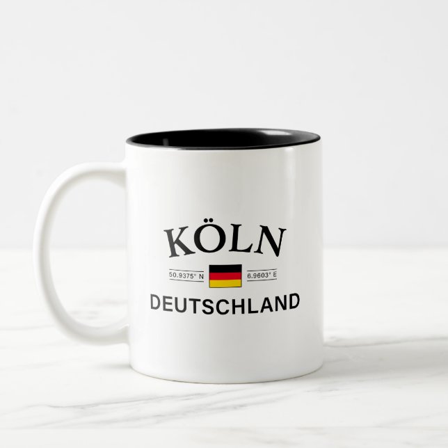 Koln (Cologne) Deutschland Coordinates German Two-Tone Coffee Mug (Left)