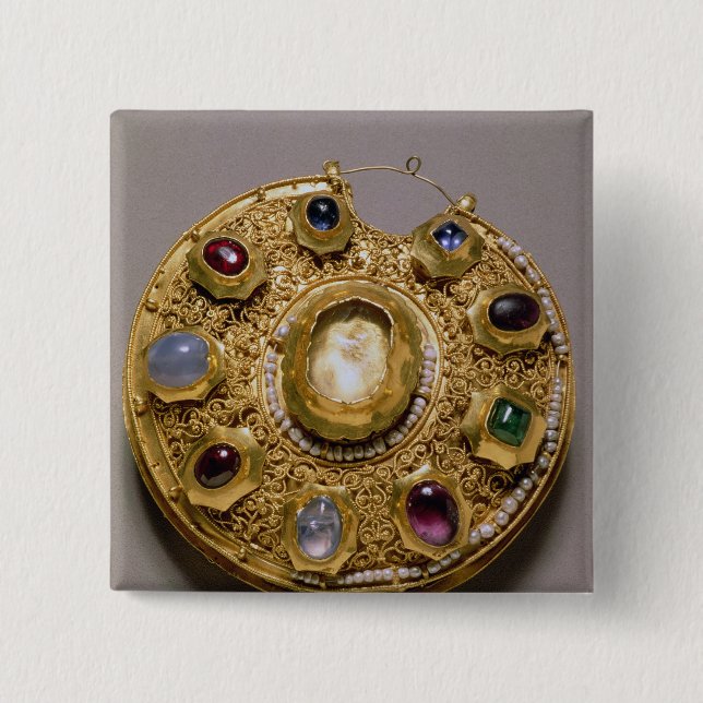 Kolt medallion, gold set with pearls and 2 inch square button (Front)