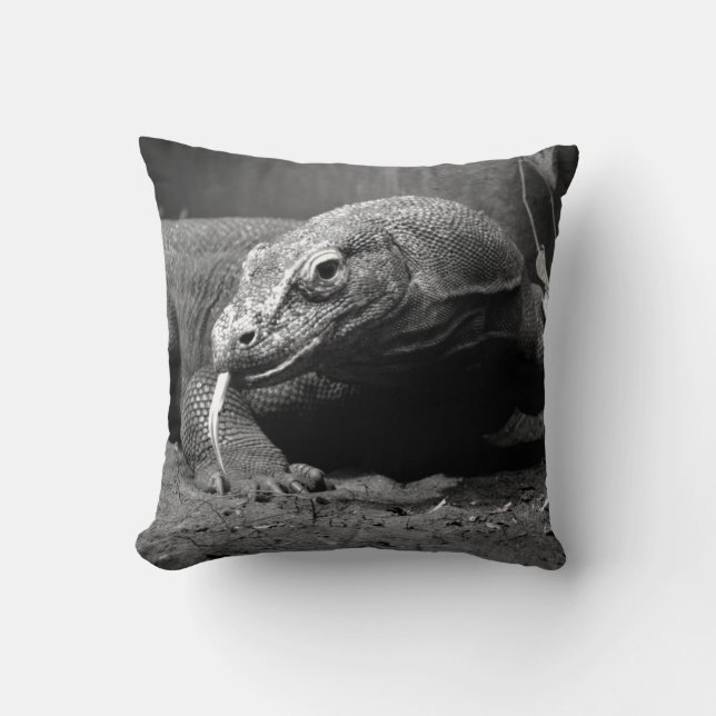 komodo dragon black and white tongue out left throw pillow (Front)
