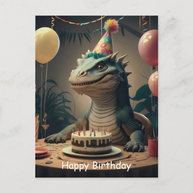 Komodo Dragon sitting at table with birthday cake Postcard (Front)