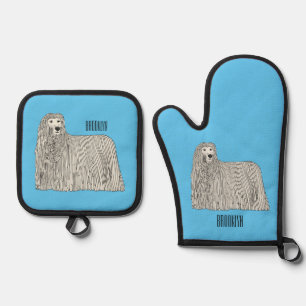 Komondor dog cartoon illustration  oven mitt & pot holder set