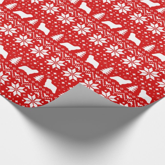 Komondor Dog Silhouettes Christmas Holiday Red Wrapping Paper (Corner)