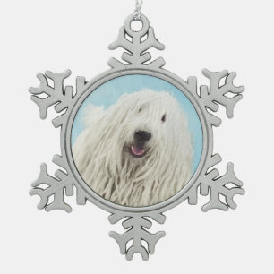 Komondor Painting - Cute Original Dog Art Snowflake Pewter Christmas Ornament