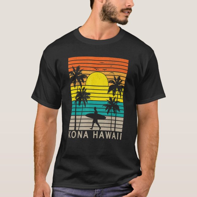 Kona Hawaii Beach Surfer Surfing Palm Tree Vacatio T-Shirt (Front)