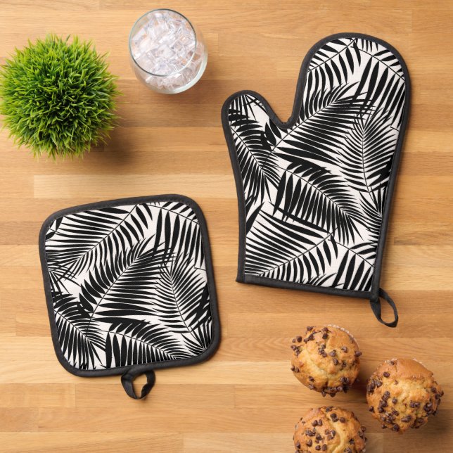 Kona Palms Hawaiian Tropical Leaf Black Oven Mitt & Pot Holder Set (Top Down)