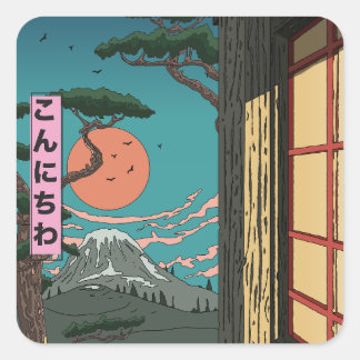 Konnichiwa Japanese Sunset Square Sticker