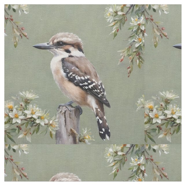 Kookaburra And Flowering Eucalyptus,  Fabric (Close Up)