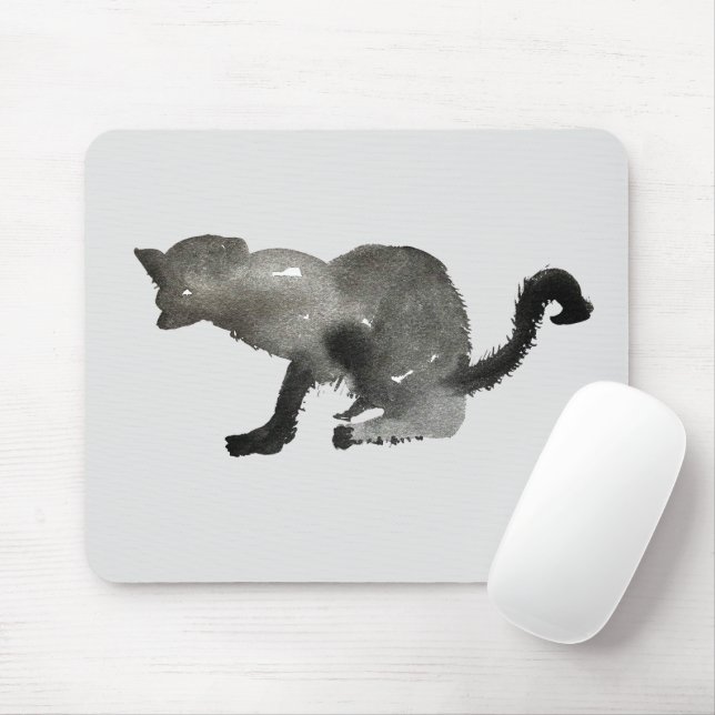 Kool black watercolor kitty cat mouse pad (With Mouse)