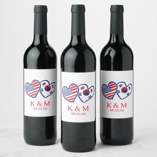 Korean American Heart Flags Wine Label (Bottles)