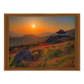 Korean Autumn Sunset Temple Wood Frame Photo Print