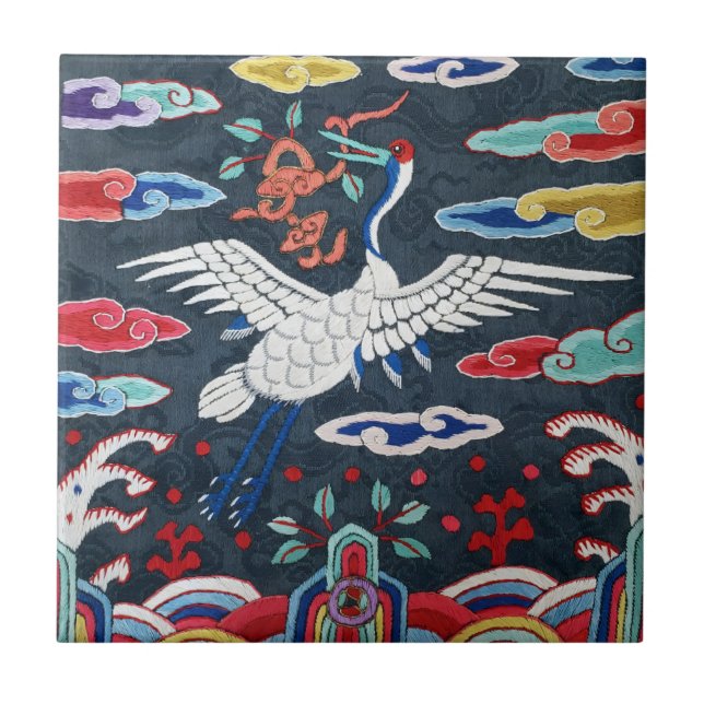 Korean Bird Colourful Crane Oriental Tile (Front)
