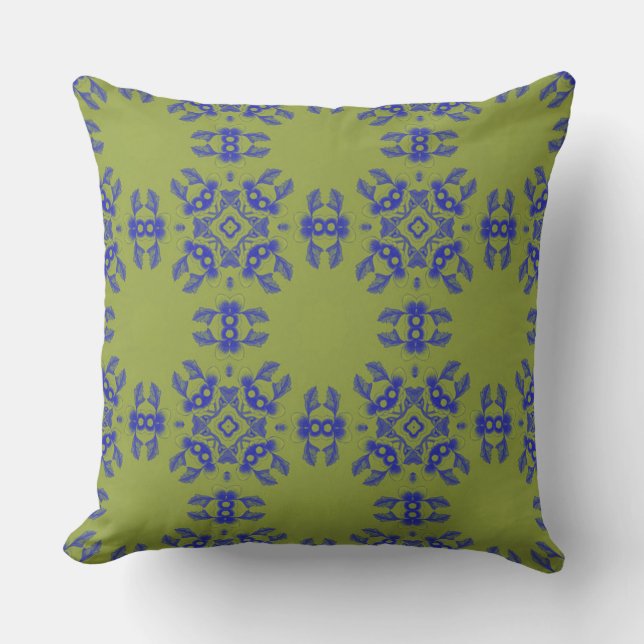 Korean Floral Harmony Pattern – Blue on Olive Gree Throw Pillow (Front)
