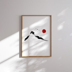 Korean Ink Mountain Landscape with Red Sun Poster