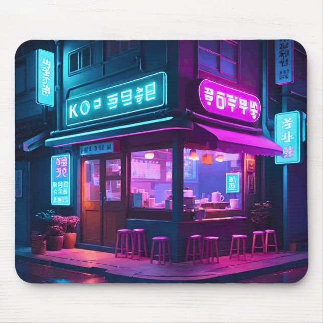 Korean Neon Coffee House LoFi Art  Mouse Pad (Front)