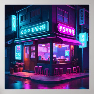 Korean Neon Coffee House LoFi Art  Poster