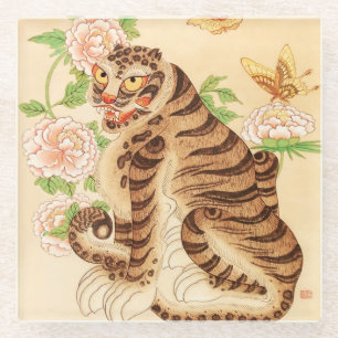 Korean Striped Tiger Vintage Minhwa Glass Coaster