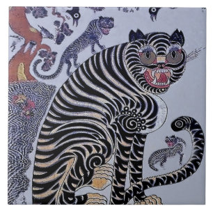 Korean Tiger Minhwa with Three Cubs Tile