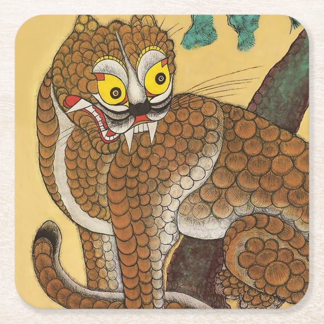 Korean Ugly Tiger Folk Minhwa Square Paper Coaster (Front)