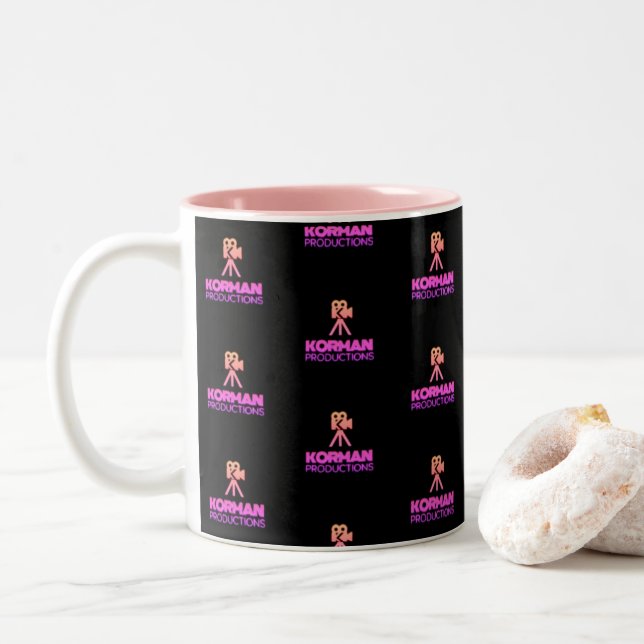 Korman Productions YouTube Channel Pink Logo Tiled Two-Tone Coffee Mug (With Donut)