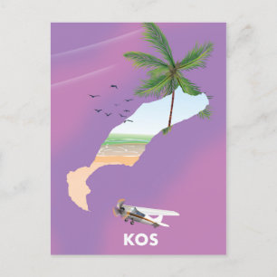 Kos Greece illustrated map. Postcard