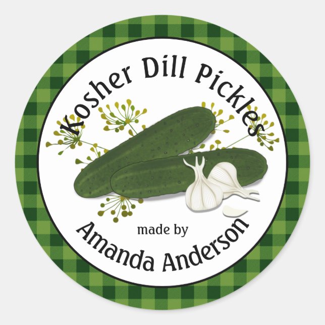 Kosher Dill Pickles Plaid  3" Classic Round Sticker (Front)