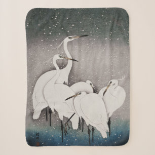 Koson Egrets in the Snow: Vintage Japanese Sherpa Blanket