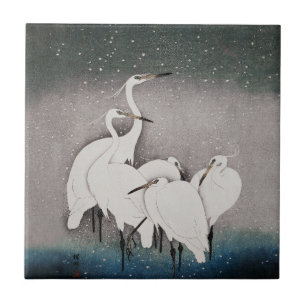 Koson Egrets in the Snow: Vintage Japanese Tile