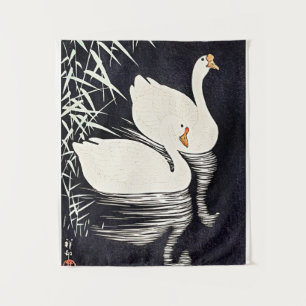 Koson - White Chinese Geese Swimming by Reeds Tapestry