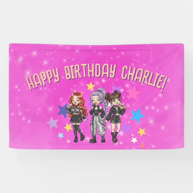 KPOP Singing Birthday, pink stars Banner (Horizontal)