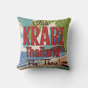 Krabi Beach Thailand vintage travel poster Throw Pillow