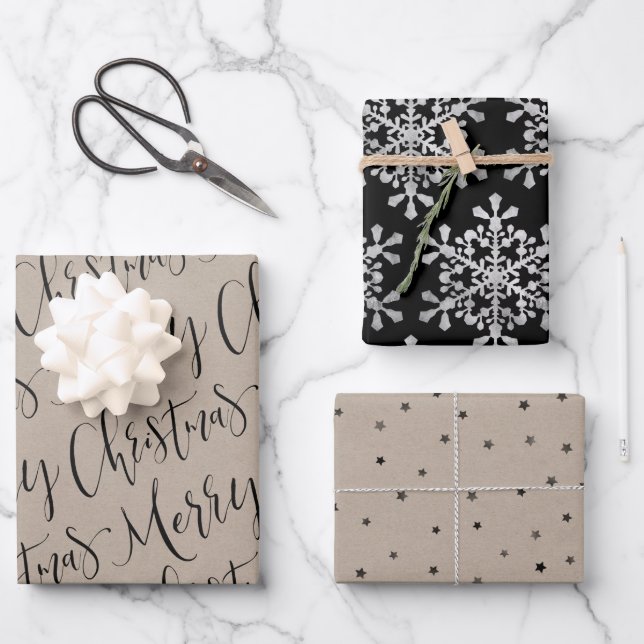 Kraft And Black Merry Christmas Snowflakes Stars Wrapping Paper Sheet (Front)