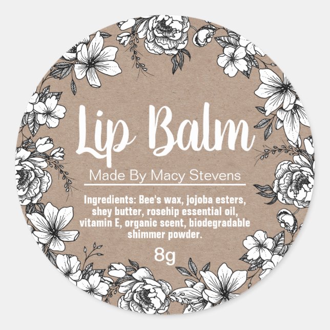 Kraft And Line Flowers Art Lip Balm Labels (Front)